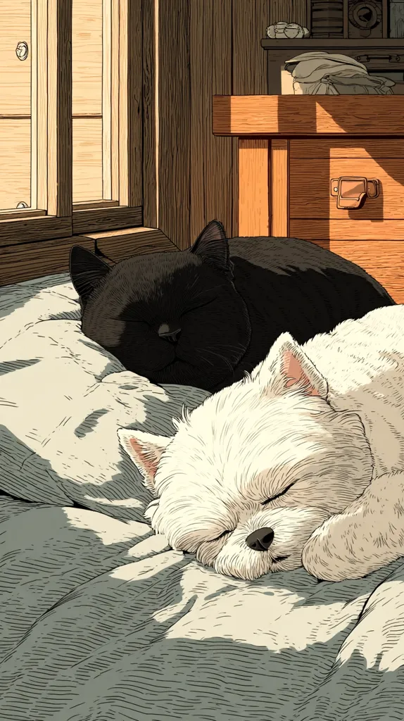 A black cat and a white dog peacefully sleep together on a soft, textured bed.  Sunlight streams in from a nearby window, illuminating the scene in a warm, comforting glow.  The animals are nestled close, their eyes closed in slumber. The overall style is reminiscent of a detailed, illustrative drawing.