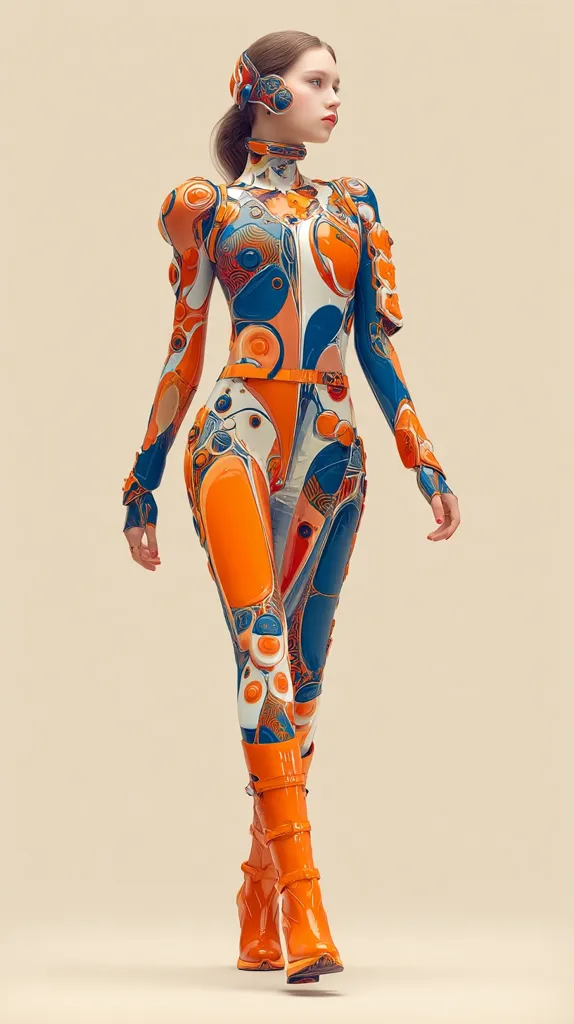 A stylized female figure, seemingly robotic or digitally enhanced, walks gracefully.  She's clad in a vibrant orange and blue bodysuit adorned with circular and organic patterns.  The suit's design suggests a futuristic or technological aesthetic.  Her orange boots and sleek hairstyle complete the look, set against a neutral beige background. The overall image is one of sophisticated, futuristic fashion.