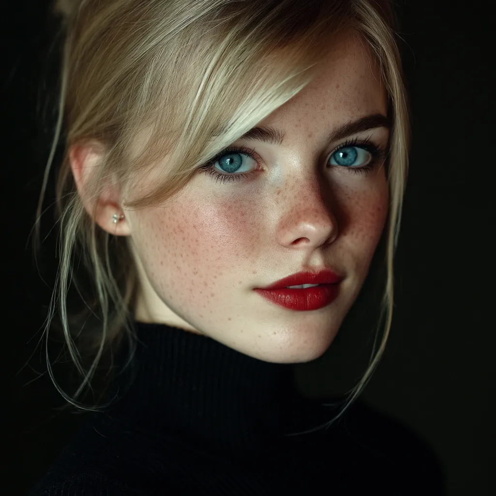 Close-up portrait of a young woman with fair skin and blonde hair styled in a partially updo.  Her bright blue eyes and scattering of freckles are prominent features. She wears red lipstick and a black turtleneck sweater. The dark background accentuates her delicate features and creates a dramatic, moody atmosphere.