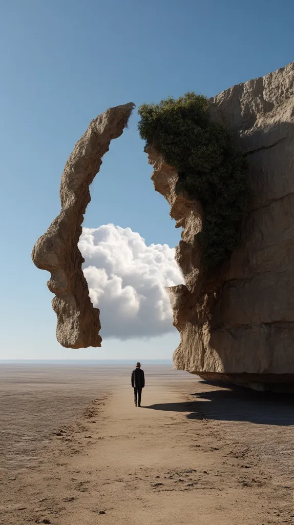 A solitary figure walks a path between two colossal rock formations resembling a face, split open to reveal a fluffy white cloud.  The landscape is arid and desolate, emphasizing the scale of the rock formations and the smallness of the human figure.  Vegetation sprouts from a crevice, adding a touch of life to the surreal scene under a clear blue sky.  The image evokes a sense of introspection and the vastness of nature.