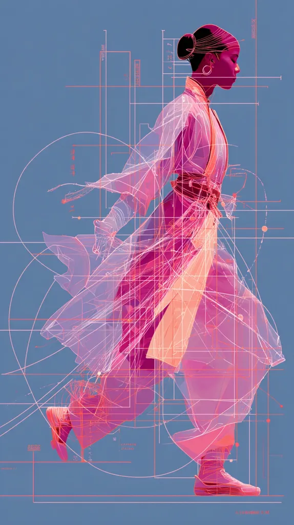 A stylized illustration of a woman in motion, depicted in shades of pink and overlaid with a geometric grid.  Her flowing garment suggests movement, and she wears sneakers, creating a blend of traditional and modern aesthetics.  The graphic style and color palette contribute to a futuristic or abstract feel. The background is a muted blue.