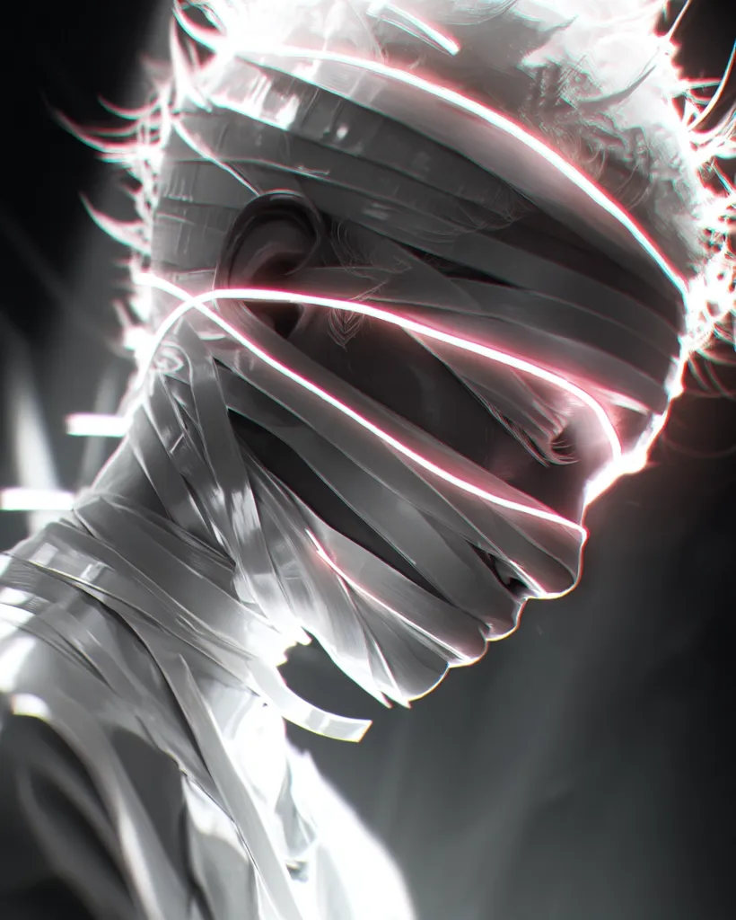 A stylized digital portrait depicts a figure shrouded in white bandages, reminiscent of a mummy or futuristic medical treatment.  Glowing pink and white lines accentuate the face and head, which is crowned with spiky, ethereal hair.  The figure's head is bowed, conveying a sense of sorrow or mystery within the monochromatic palette. The overall mood is dark and contemplative.