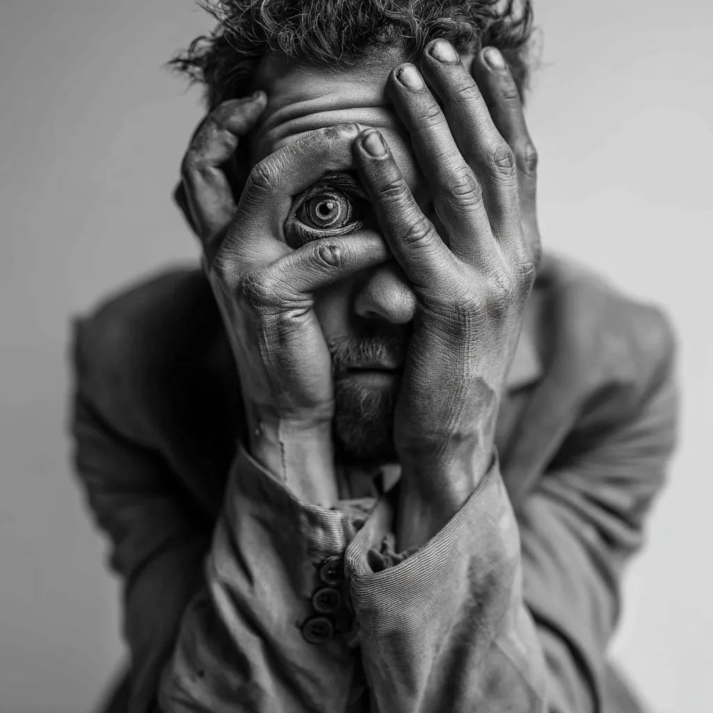 A black and white close-up shot depicts a man with his hands covering his face.  One eye, seemingly an extra or prosthetic, is visible between his fingers. The image is highly stylized, with a surreal and slightly disturbing aesthetic. The man's expression is somber, and his posture suggests distress or hidden emotions. The textured hands and clothing add to the overall dramatic feel.