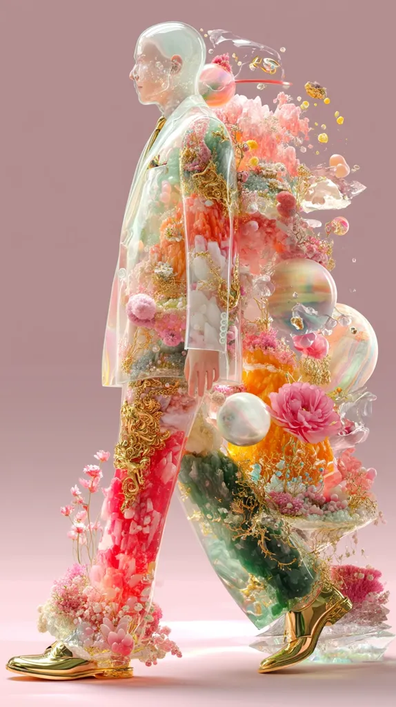 A digital artwork depicts a figure in a transparent suit, seemingly walking. The suit is filled with colorful, organic materials like flowers, crystals, and gemstones, creating a surreal and beautiful effect.  The figure's shoes are gold, contrasting with the pastel hues of the suit's contents. The overall style blends fashion and nature in a dreamlike, almost otherworldly scene.