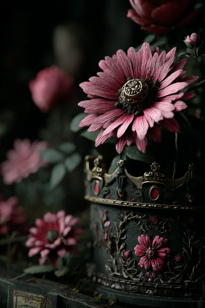 A dark, moody close-up reveals a deep pink flower, possibly artificial, positioned atop an ornate, dark-colored container. The container is adorned with a crown-like top and intricate floral carvings, suggesting a vintage or gothic aesthetic.  Surrounding the central flower are other smaller, similar blooms and foliage, creating a lush, slightly mysterious scene. The overall tone is dark and romantic.