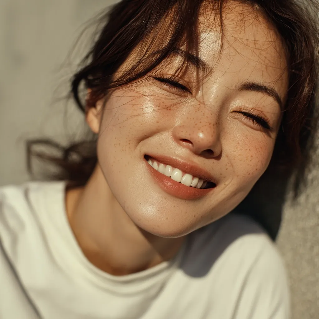 Close-up of a young woman with freckles and sun-kissed skin.  Her eyes are closed, and she has a gentle smile, revealing her white teeth.  She is wearing a simple white t-shirt. The sunlight illuminates her face, highlighting her natural beauty. The overall mood is serene and peaceful.