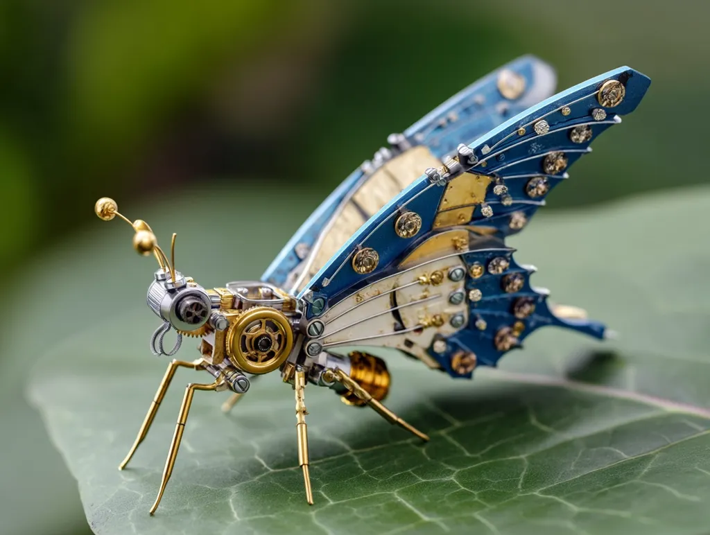 A meticulously crafted steampunk butterfly rests on a vibrant green leaf.  Its body and wings are intricately constructed from brass, silver, and blue metallic components, resembling clockwork gears and intricate detailing. The tiny golden legs add to its delicate yet robust appearance.  The contrast between the mechanical insect and the natural leaf creates a striking visual.