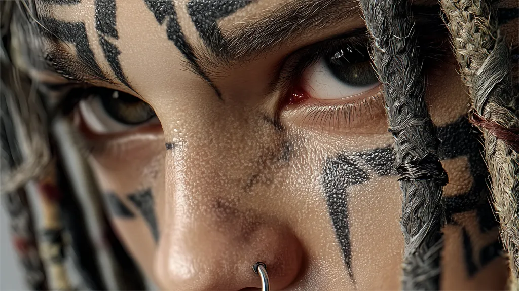Close-up of a person's face adorned with intricate black tribal-style markings.  Their eyes are striking, framed by dark brows and long, grey dreadlocks. A small, silver nose ring is visible. The skin texture is detailed, showcasing a slightly oily or dewy appearance. The overall aesthetic is edgy and artistic.