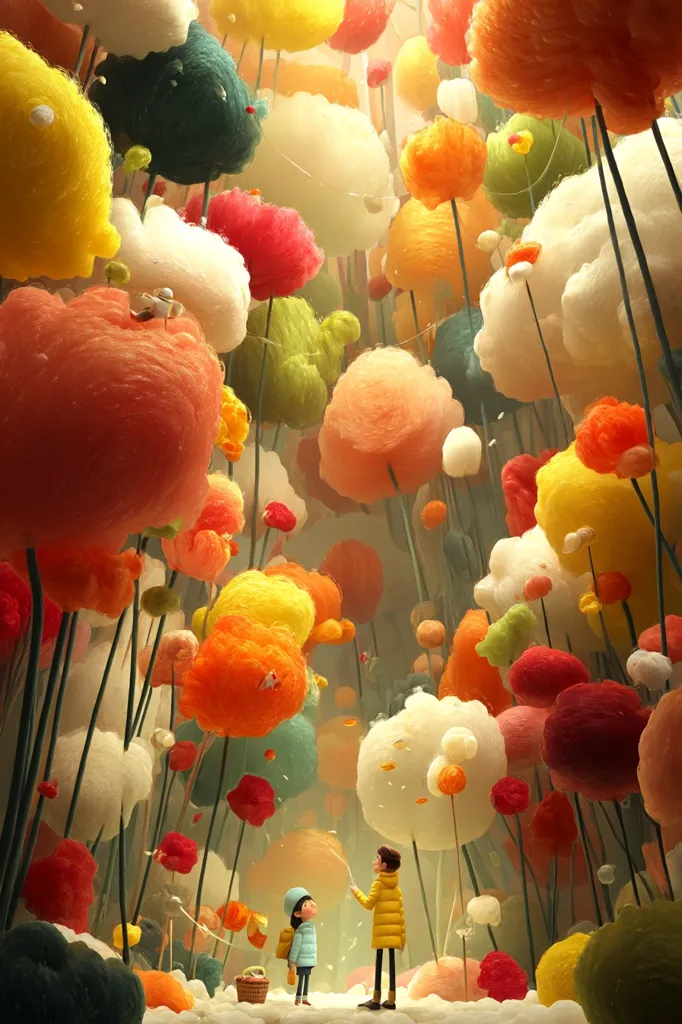 Two children stand amidst a whimsical landscape of giant, colorful cotton candy-like blooms on long stems.  The scene is vibrant and surreal, bathed in soft, warm light. The children, small in scale compared to the enormous flowers, seem to be exploring this fantastical world.  A picnic basket sits near them, adding to the sense of wonder and playful adventure.