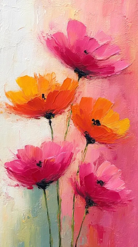 A vibrant painting showcases five stylized flowers, rendered in bold strokes of pink and orange.  The impasto technique creates a textured surface, giving the blooms a three-dimensional quality.  The background is a soft blend of pinks and creams, enhancing the flowers' luminosity.  The overall style is expressive and modern, emphasizing color and form over precise detail.