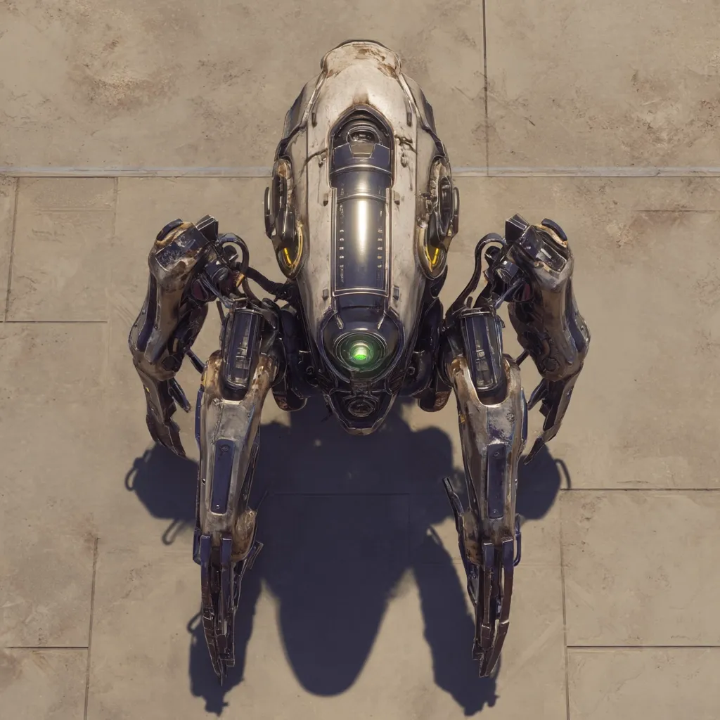 A weathered, quadrupedal robot stands on a light beige tiled surface.  Its body is predominantly off-white with dark gray and black mechanical details.  The robot has a central, dome-shaped head featuring a glowing green light.  Its four legs are segmented and appear heavily armored, casting a shadow on the ground below. The overall aesthetic suggests a post-apocalyptic or futuristic setting.