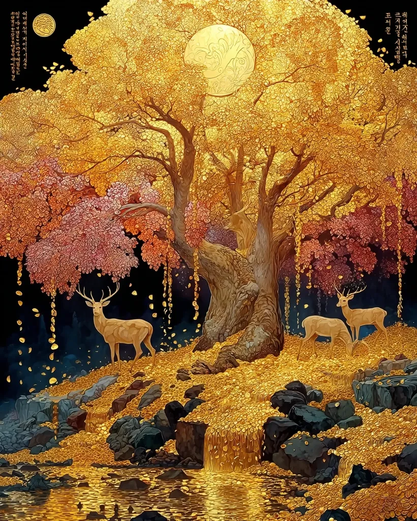 A majestic golden tree, bathed in moonlight, dominates a fantastical landscape.  Its branches are laden with gold leaves that cascade down to a stream, creating a waterfall of coins. Two deer stand serenely beneath the tree, amidst the golden foliage.  The scene is rich with detail and evokes a sense of wonder and magic.  Asian script is visible in the upper right corner.
