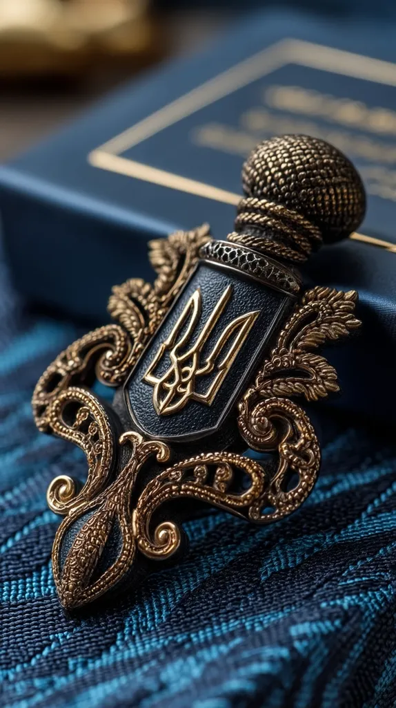 An ornate brooch, meticulously crafted in dark and gold hues, rests on a rich blue fabric.  The centerpiece is a shield bearing the Ukrainian Tryzub (trident), encircled by elaborate, swirling filigree.  The top features a textured, spherical element, adding to the piece's luxurious and detailed design.  The image emphasizes the brooch's intricate craftsmanship and the symbolism of the Tryzub.