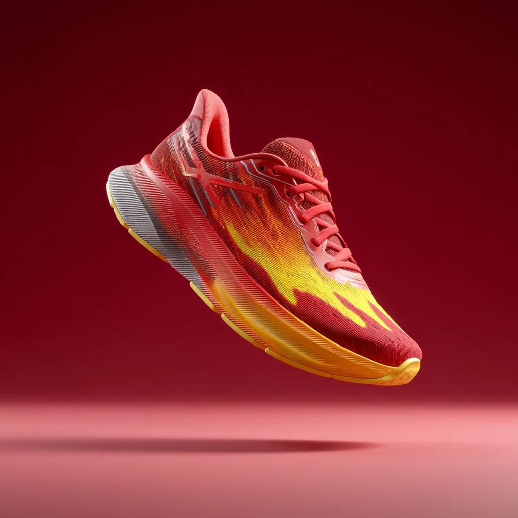 A single red and yellow running shoe floats against a matching red backdrop. The shoe features a vibrant flame-like design, with shades of red and yellow blending together.  The sole is a bright yellow, contrasting the upper. The image emphasizes the shoe's dynamic design and lightweight appearance.