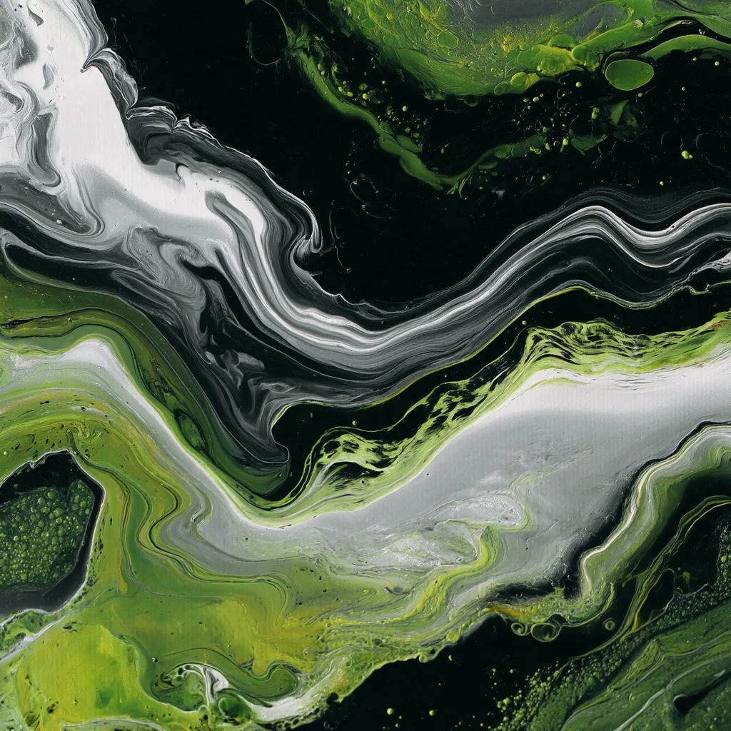 An abstract fluid acrylic painting in shades of black, grey, and olive green. The colors swirl and blend together, creating a mesmerizing marbled effect.  The dark background contrasts with lighter, flowing streams of paint, resembling a landscape of rivers and valleys.  Tiny bubbles are visible within the paint, adding texture and depth to the artwork.