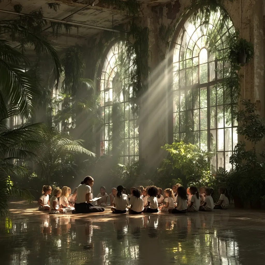 Sunlight streams through large arched windows of a dilapidated greenhouse, illuminating a group of children seated on the floor in a circle around a woman reading. Lush greenery fills the space, creating a magical, overgrown atmosphere. The children, dressed in white, listen attentively as the woman shares a story, the scene serene and captivating.  The reflective floor enhances the ethereal ambiance.
