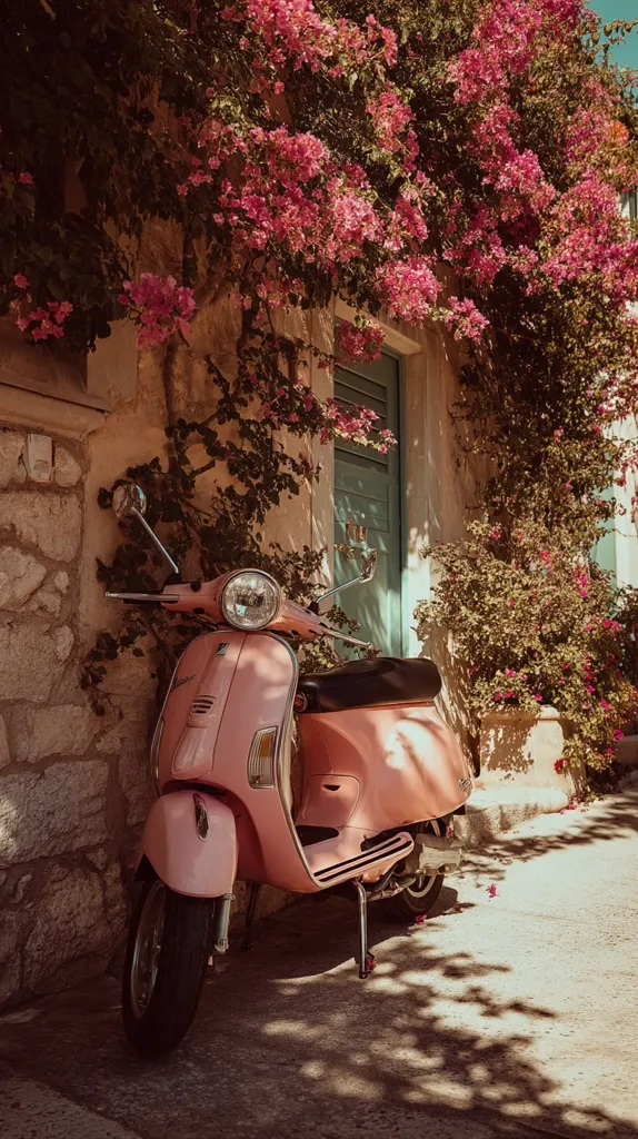 A pale pink Vespa scooter is parked against a stone wall, partially obscured by vibrant pink bougainvillea.  The scooter is positioned next to a teal door, creating a picturesque Mediterranean scene. Sunlight casts shadows on the ground, enhancing the warm tones of the image. The flowers and the scooter create a charming and idyllic setting.
