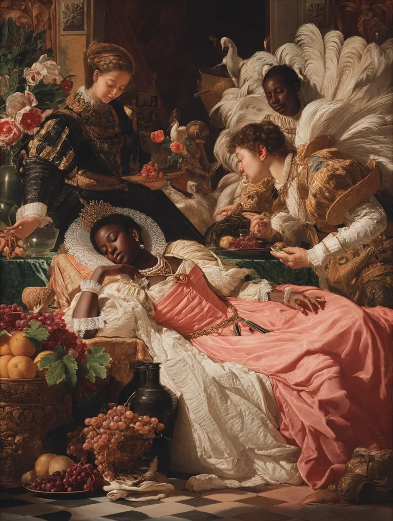 The painting depicts a Black woman reclining on a chaise lounge in a lavishly decorated room.  She's adorned in opulent clothing and jewelry, asleep or resting.  Attendants, a woman in dark attire and a man in gold, offer fruit and appear to be ministering to her.  The scene is rich with symbolic details, including birds and abundant fruit, suggesting wealth and possibly allegory. The overall style is Baroque, with dramatic lighting and rich colors.