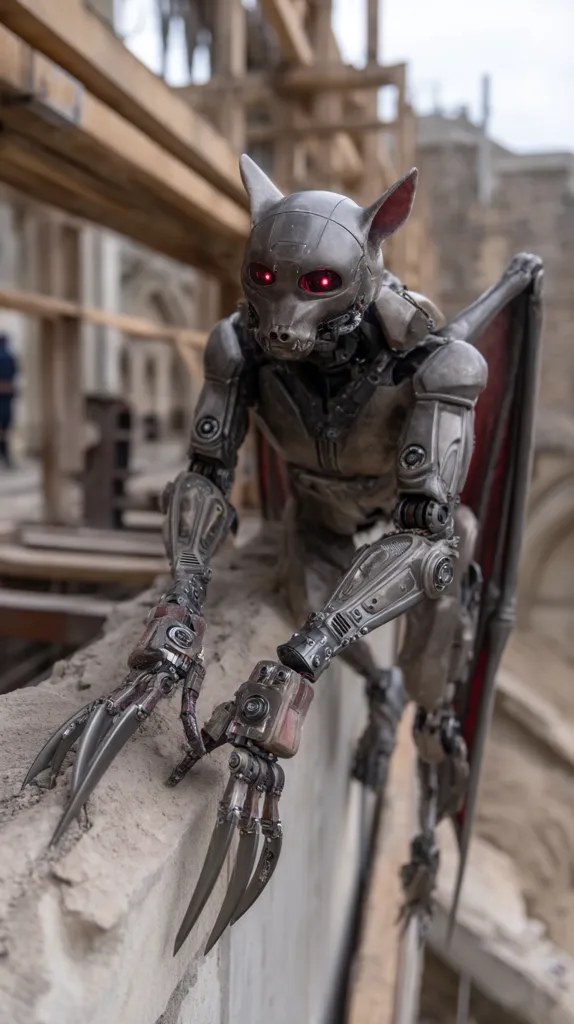 A weathered robotic creature, resembling a bat or canine, with metallic gray and red accents, perches on a concrete wall.  Its red eyes glow intensely.  The robot possesses sharp, clawed hands and articulated limbs, suggesting advanced mechanics.  The backdrop is a blurred image of a construction site, emphasizing the robot's imposing presence.  The overall aesthetic is gritty and futuristic.