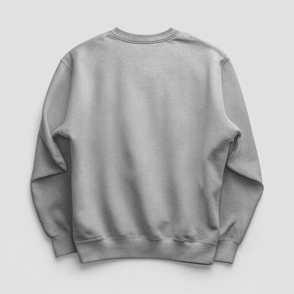 A heather gray crewneck sweatshirt is shown from the back.  The sweatshirt is long-sleeved and has a relaxed fit. The fabric appears soft and comfortable.  The image is a clean, simple product shot against a light gray background, ideal for showcasing the garment's design and color.