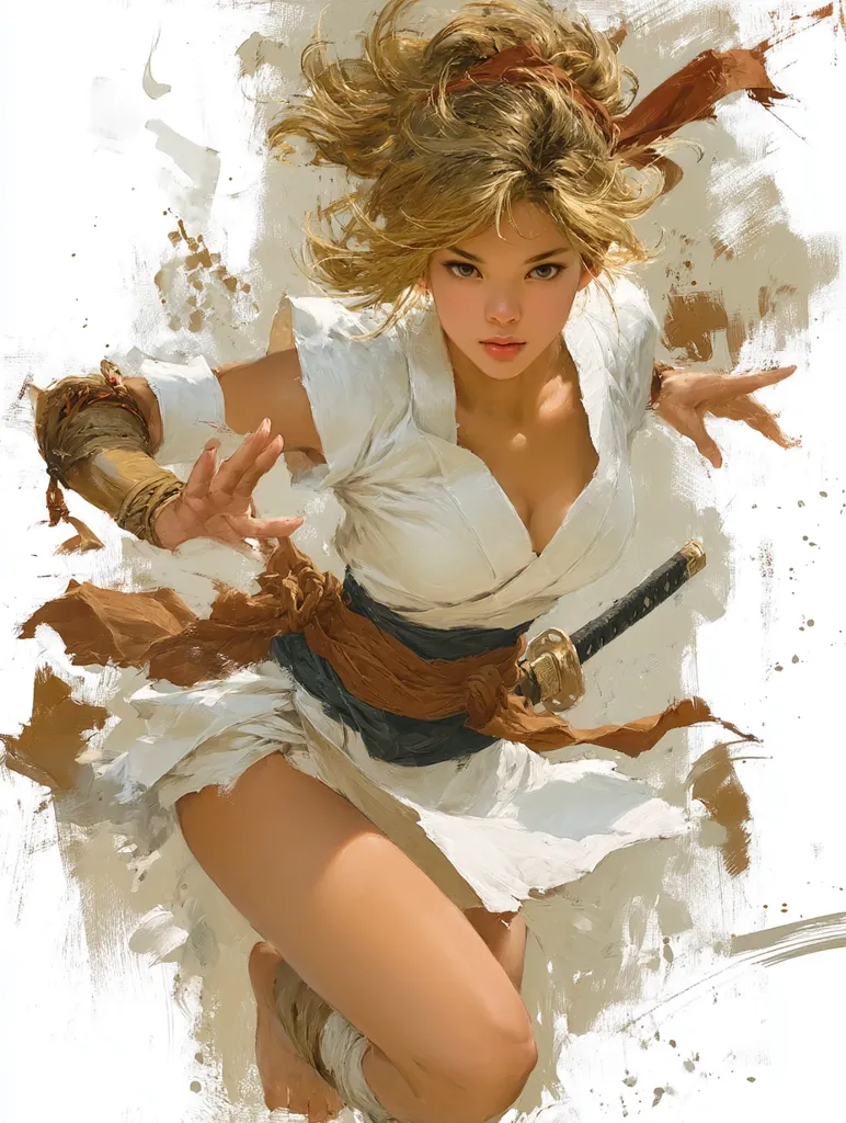 A dynamic digital painting depicts a young woman, possibly a warrior, in a flowing white outfit cinched with a brown sash. Her blonde hair is windswept, and she holds a katana at her waist.  Her pose suggests movement and action, captured in a painterly style with visible brushstrokes. The background is a wash of light colors, enhancing the focus on the figure.