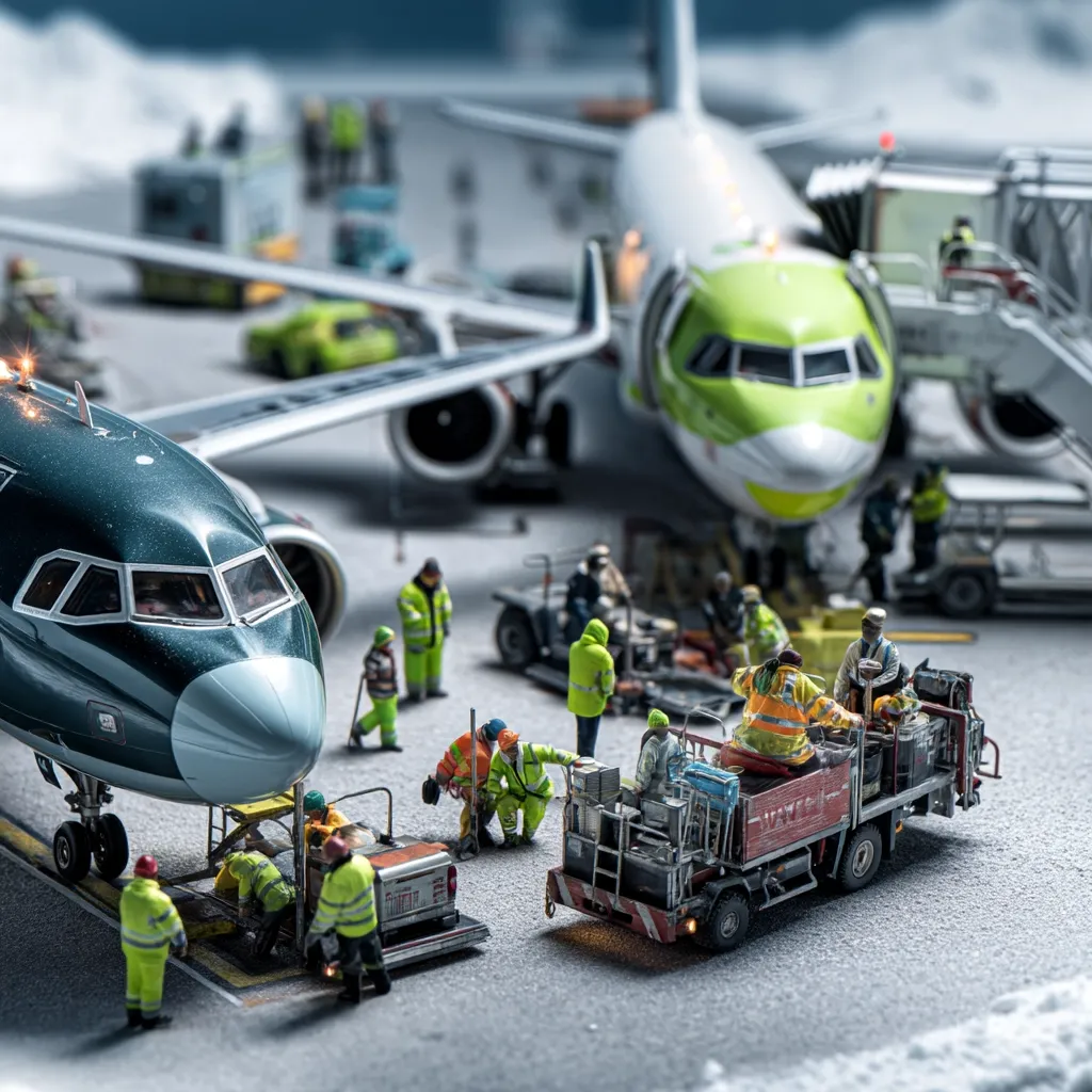 A meticulously detailed miniature diorama depicts an airport tarmac scene.  Two airplanes, one dark green and one light green and white, are the focal points.  Numerous tiny figures, representing ground crew and passengers, are engaged in various activities around the planes, including baggage handling and maintenance.  The scene is richly textured, suggesting a cold, possibly snowy, environment.  The level of detail is exceptional, showcasing impressive craftsmanship.