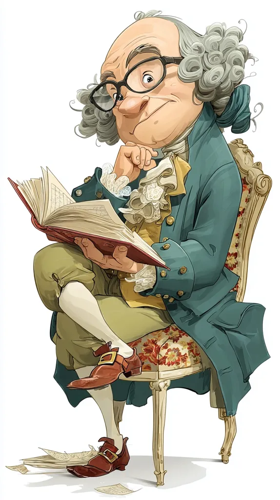 A caricature of an older gentleman, possibly a scholar, sits in a chair, engrossed in a large, open book. He wears a teal coat, breeches, and buckled shoes, typical of 18th-century attire. His spectacles and curly powdered wig add to his scholarly appearance.  His hand rests thoughtfully on his chin, suggesting deep contemplation of the text. Scattered papers lie on the floor, hinting at his work. The illustration style is whimsical and detailed.