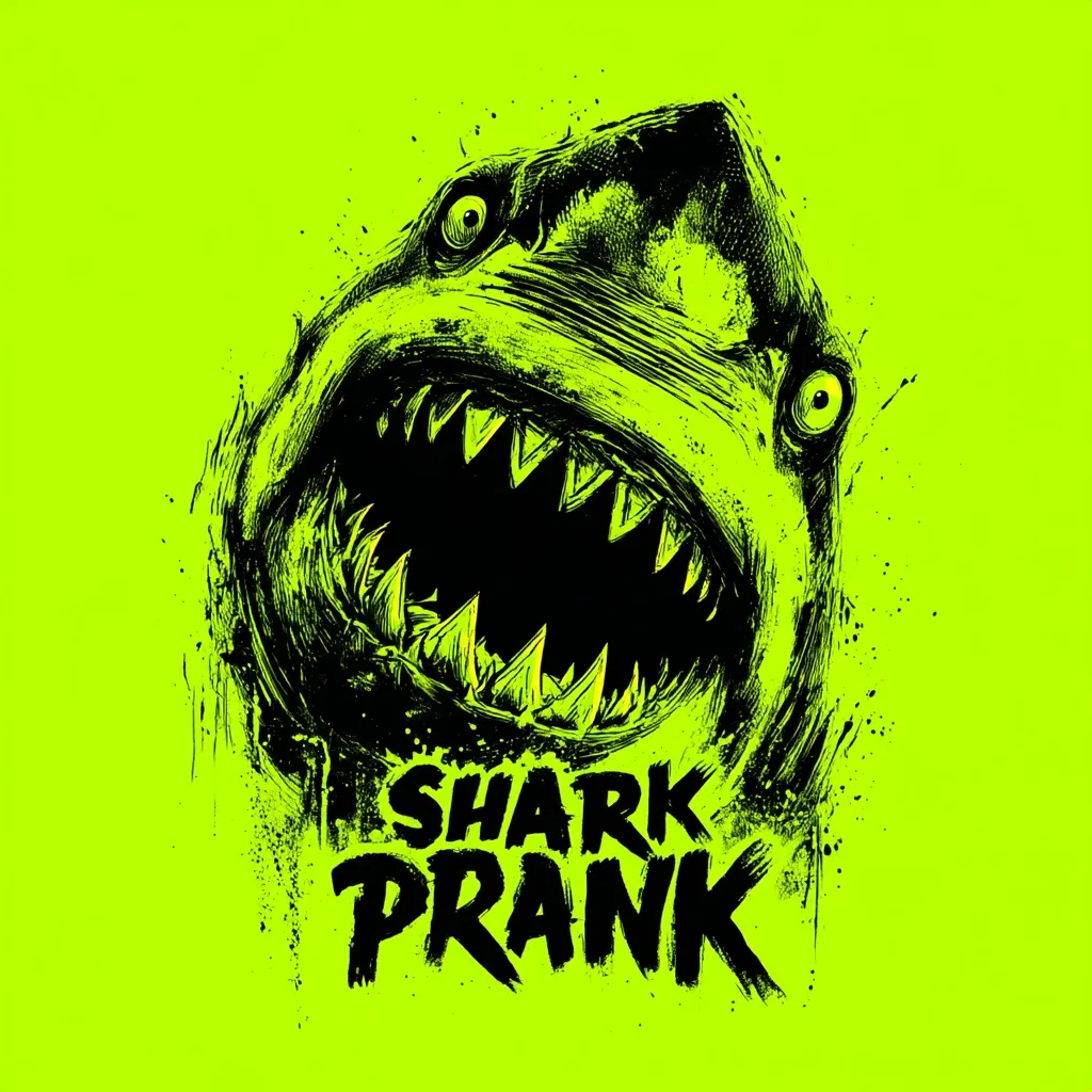 A graphic illustration features a stylized shark's head, mouth agape, teeth bared, against a vibrant lime green background.  The shark is rendered in black ink, with a textured, expressive style suggesting movement and aggression.  Below the shark, the words "SHARK PRANK" are boldly displayed in a matching black font, adding a playful contrast to the menacing image.  The overall aesthetic is edgy and cartoonish.