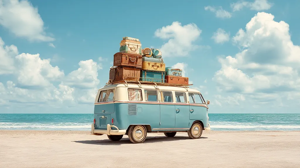 A vintage light blue Volkswagen bus sits on a sandy beach, under a bright sunny sky.  The roof rack is piled high with various vintage suitcases and bags, suggesting a journey or vacation. The ocean stretches out behind, calm and inviting, completing the idyllic summer travel scene.
