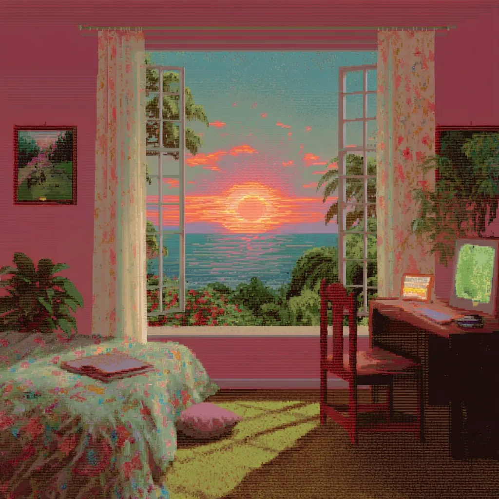 A pixel art depiction of a bedroom with French doors open to a breathtaking sunset over a tropical ocean.  Pink walls and floral bedding complement the vibrant scene. A desk with a computer sits near the window, adding a touch of modern life to the idyllic setting.  Sunlight streams across the floor, creating a warm and peaceful atmosphere.  The overall style evokes a nostalgic, retro aesthetic.