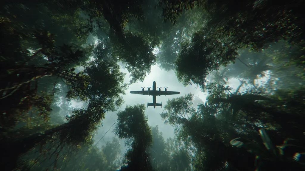 A low-angle shot depicts a vintage, four-engine bomber plane flying low over a dense, misty jungle canopy. The plane is silhouetted against a slightly brighter sky, visible through the gaps in the trees. The lush green foliage creates a circular frame around the aircraft, emphasizing its small size relative to the vastness of the forest. The overall mood is atmospheric and somewhat mysterious.