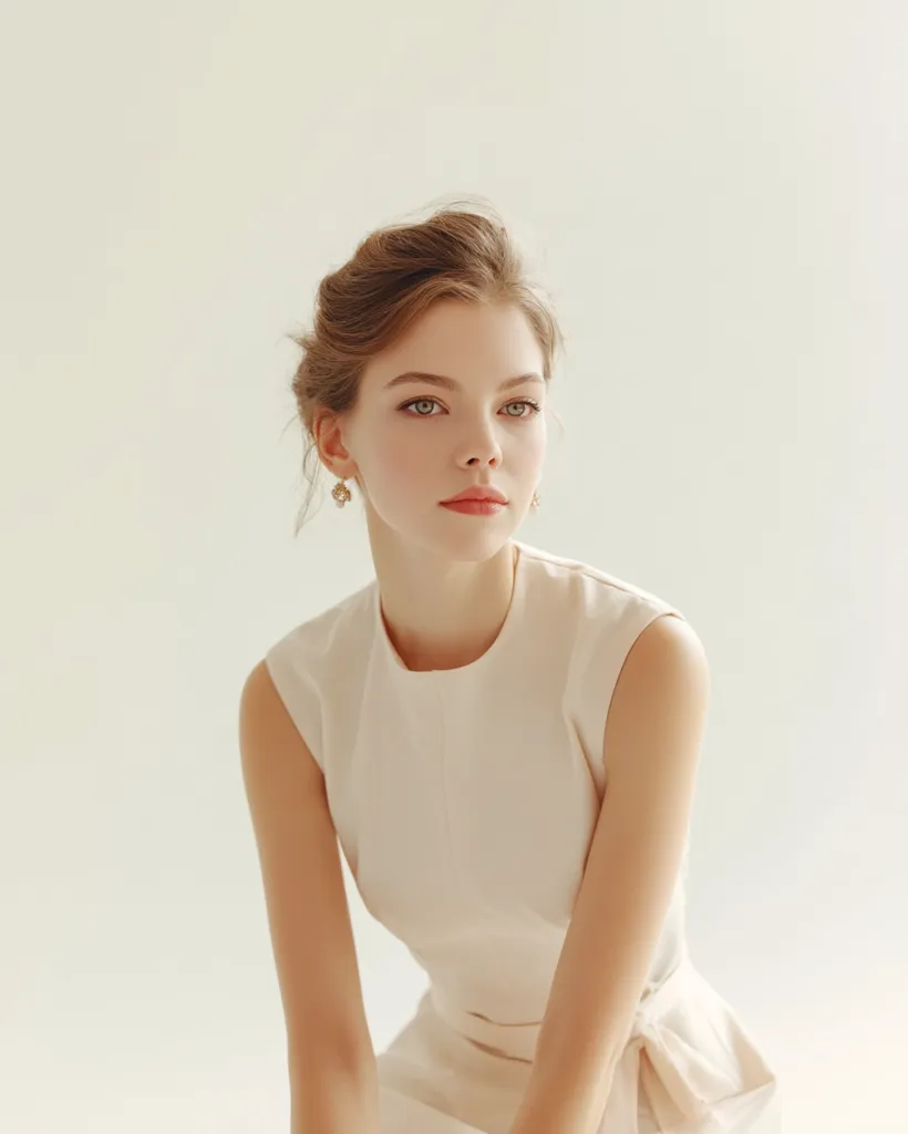 A young woman with light brown hair styled in an updo is captured in a close-up shot. She's wearing a simple, elegant off-white sleeveless dress, and small, delicate earrings. Her expression is serene, and her gaze is directed slightly off-camera. The background is a soft, neutral beige, enhancing the overall minimalist aesthetic of the image.  The lighting is soft and diffused, casting a gentle glow on her face and dress.