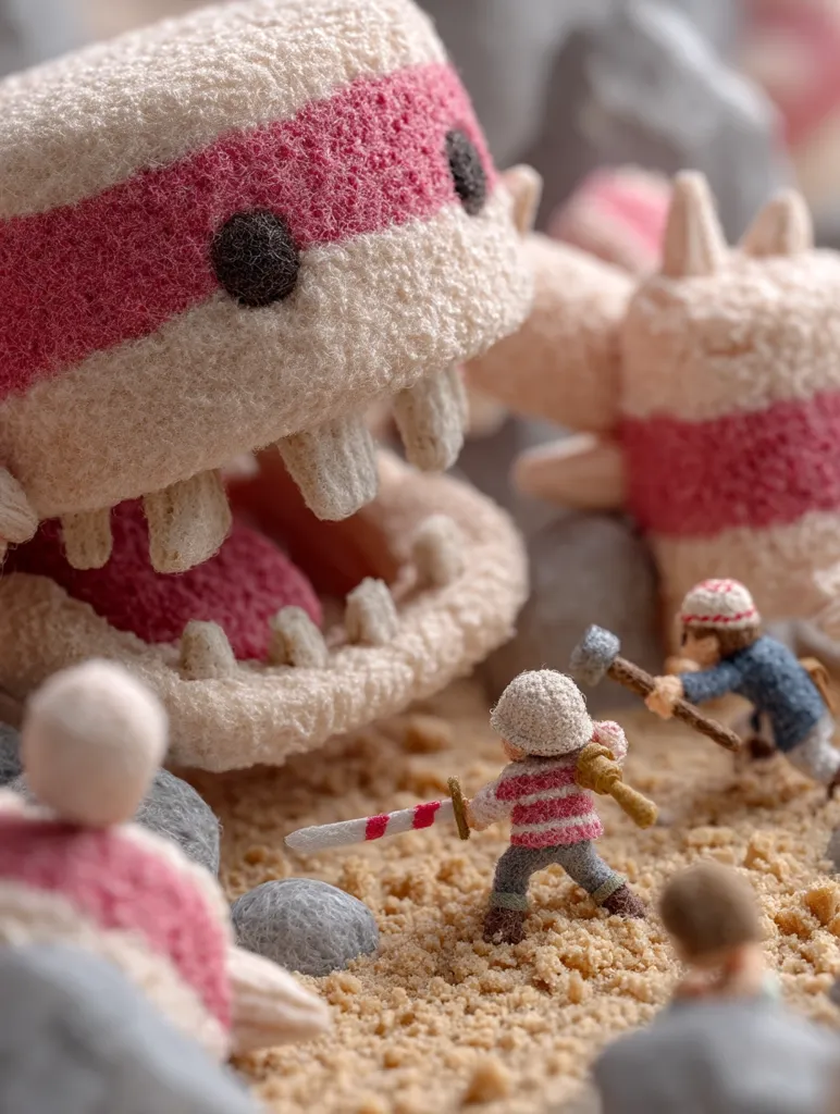 A whimsical diorama depicts tiny figures battling a giant, whimsical creature. The creature resembles a monstrous marshmallow, with pink and white stripes and a gaping maw filled with teeth. The miniature figures, clad in striped attire, wield a sword and hammer, bravely confronting the enormous foe. The scene is set on a sandy beach, with small rocks scattered around.  The texture of the creature and the figures suggests a soft, hand-crafted material.
