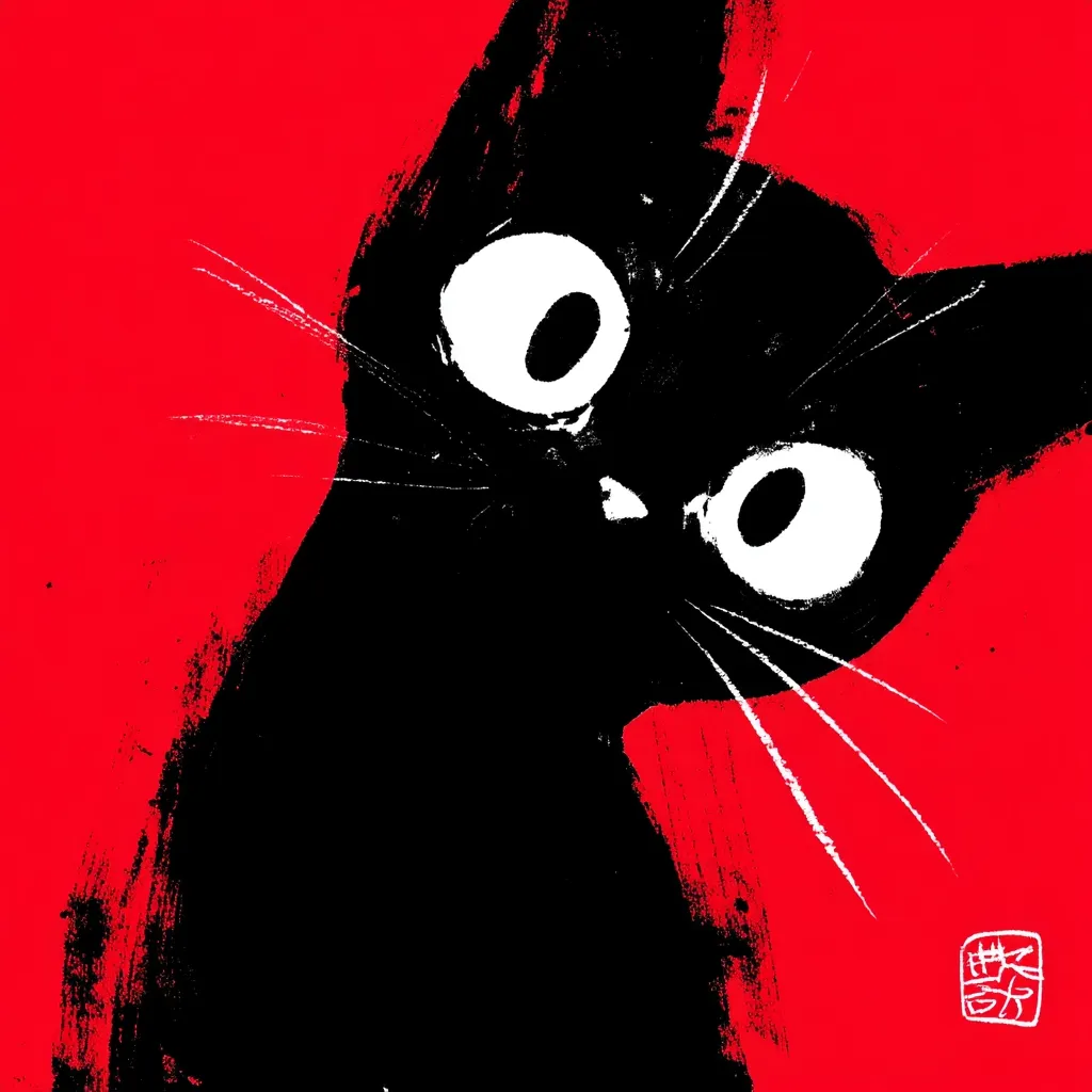 A stylized black cat is depicted against a vibrant red background. The cat's large, expressive eyes and whiskers are highlighted in white, while its body is rendered in bold black strokes, suggesting a brushstroke effect.  The image showcases a bold contrast between colors and a playful, almost cartoonish, portrayal of a feline. A small red square with Asian characters is subtly placed in the bottom right corner.