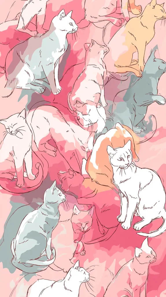 A vibrant illustration showcases numerous cats in various poses, rendered in soft pastel hues of pink, peach, and mint green. The cats are depicted in a playful, overlapping arrangement against a pink backdrop, creating a lively and whimsical scene. Their outline style lends a delicate touch, emphasizing their relaxed postures and gentle expressions. The overall mood is calm and cheerful.