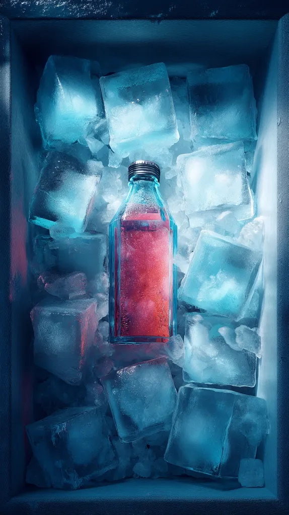 A glass bottle of pink liquid is nestled amongst a bed of large ice cubes within a dark blue container.  The ice cubes are various sizes and shapes, creating a cool, visually striking contrast with the vibrant pink drink. The scene is dramatically lit, emphasizing the icy texture and the chilled beverage.