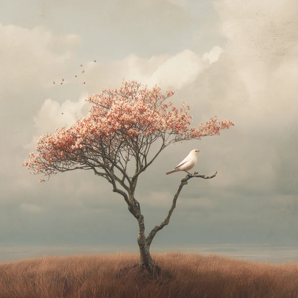A serene landscape features a solitary, blossoming tree with delicate, pale pink flowers. A white bird rests on a branch, its presence adding to the peaceful atmosphere.  The sky is a muted grey-blue, with soft clouds creating a tranquil backdrop.  The overall mood is one of gentle calm and solitude.  A few small birds are visible in the distance, flying towards the main tree.