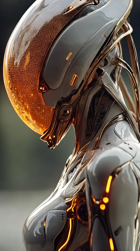 Close-up view of a futuristic female cyborg or android.  The robot's sleek, white body is accented with gold detailing and glowing orange lines.  The helmet, partially translucent, reveals an inner orange glow. The image emphasizes intricate design and polished metallic surfaces, creating a visually striking portrayal of advanced robotics.