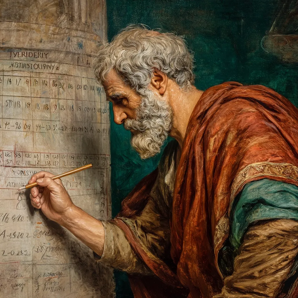 A detailed close-up of an oil painting depicts an elderly, bearded man, possibly a scribe or scholar, meticulously recording entries onto a large, ancient-looking stone tablet.  His attire suggests classical or biblical times. The man's focused expression and the intricate detail of his work highlight the importance of the task. The dark background contrasts with the warm tones of his clothing and the pale inscription on the tablet.