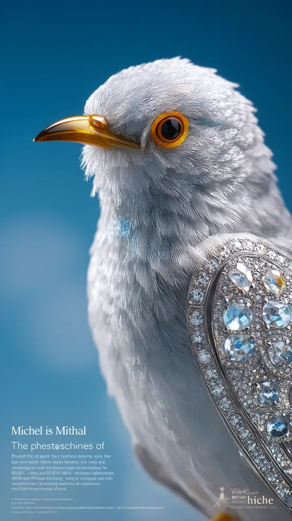 A close-up showcases a meticulously detailed, white bird adorned with a dazzling diamond and gemstone brooch. The bird's plumage is rendered with lifelike precision, highlighting individual feathers.  The brooch, a striking piece of jewelry, is affixed to the bird's wing, adding a luxurious contrast to the soft, white feathers. The image is set against a vibrant blue backdrop.