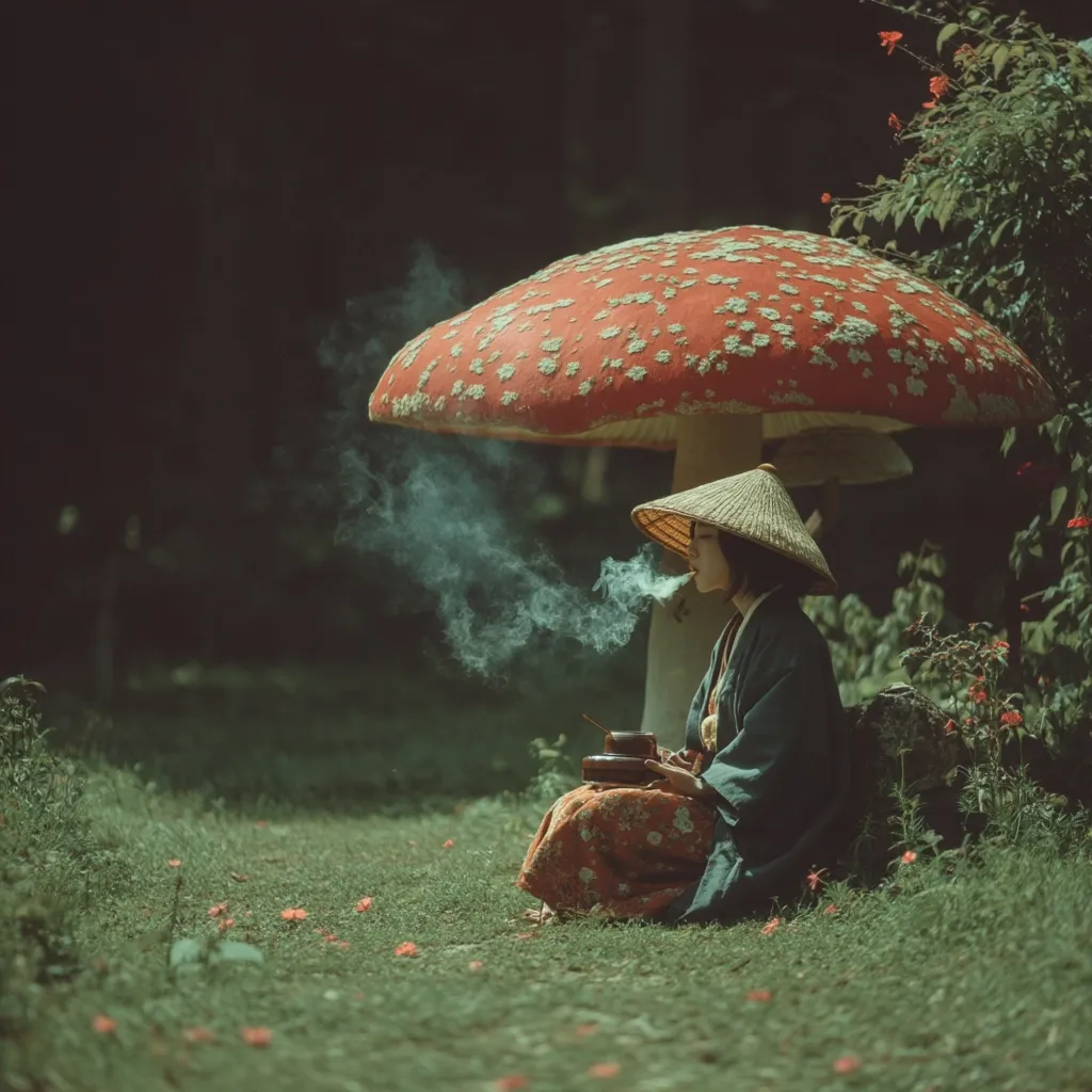 A woman in a traditional Asian kimono sits beneath a giant, vibrant red mushroom in a serene forest setting.  She holds a small bowl and incense burner, smoke gently curling from the incense.  The scene is peaceful and mystical, evoking a sense of tranquility and connection with nature.  Soft light filters through the foliage, illuminating the scene in muted, earthy tones.