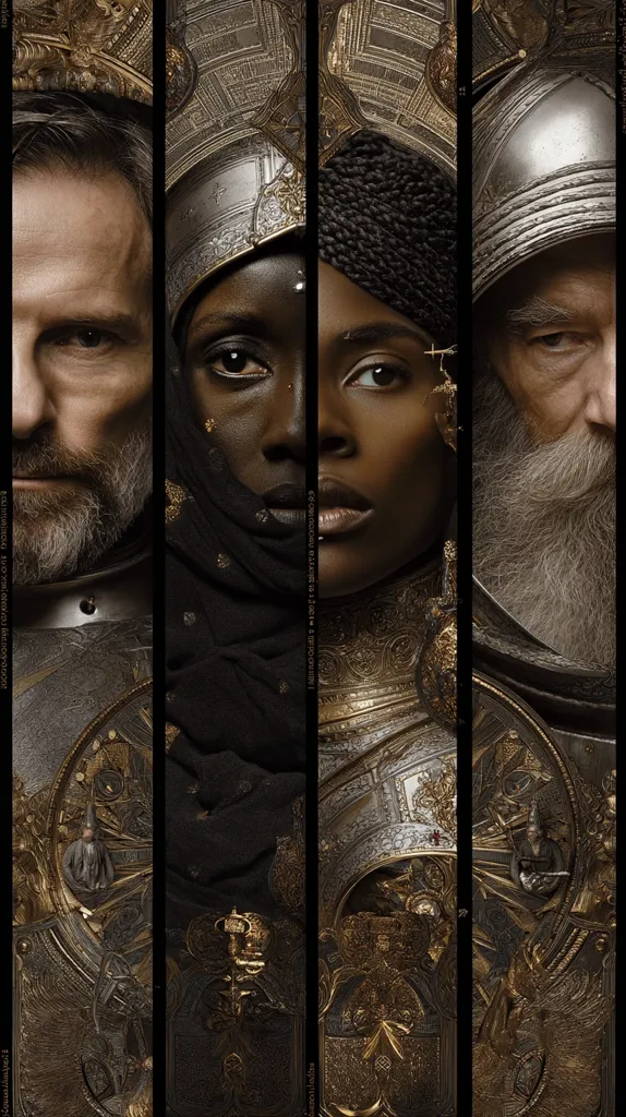 A striking portrait features four individuals, their faces framed by ornate metallic headwear and armor.  Two are light-skinned men with beards, flanking a central pair of dark-skinned women adorned in elaborate gold and dark fabric.  The image is rich with texture and detail, creating a regal and mysterious atmosphere. The composition is vertical, with each figure occupying a distinct panel.