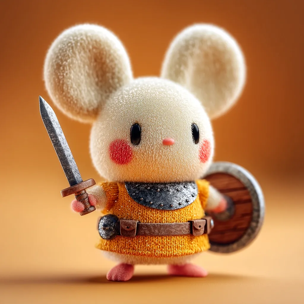 A cute, fluffy white mouse, rendered in 3D, is depicted as a valiant knight.  It wears a miniature yellow tunic and metal armor, clutching a small sword in one paw and a wooden shield in the other.  The mouse's rosy cheeks and large eyes add to its charming appearance, creating a whimsical contrast between its adorable features and its warrior attire.  The background is a warm, muted orange.