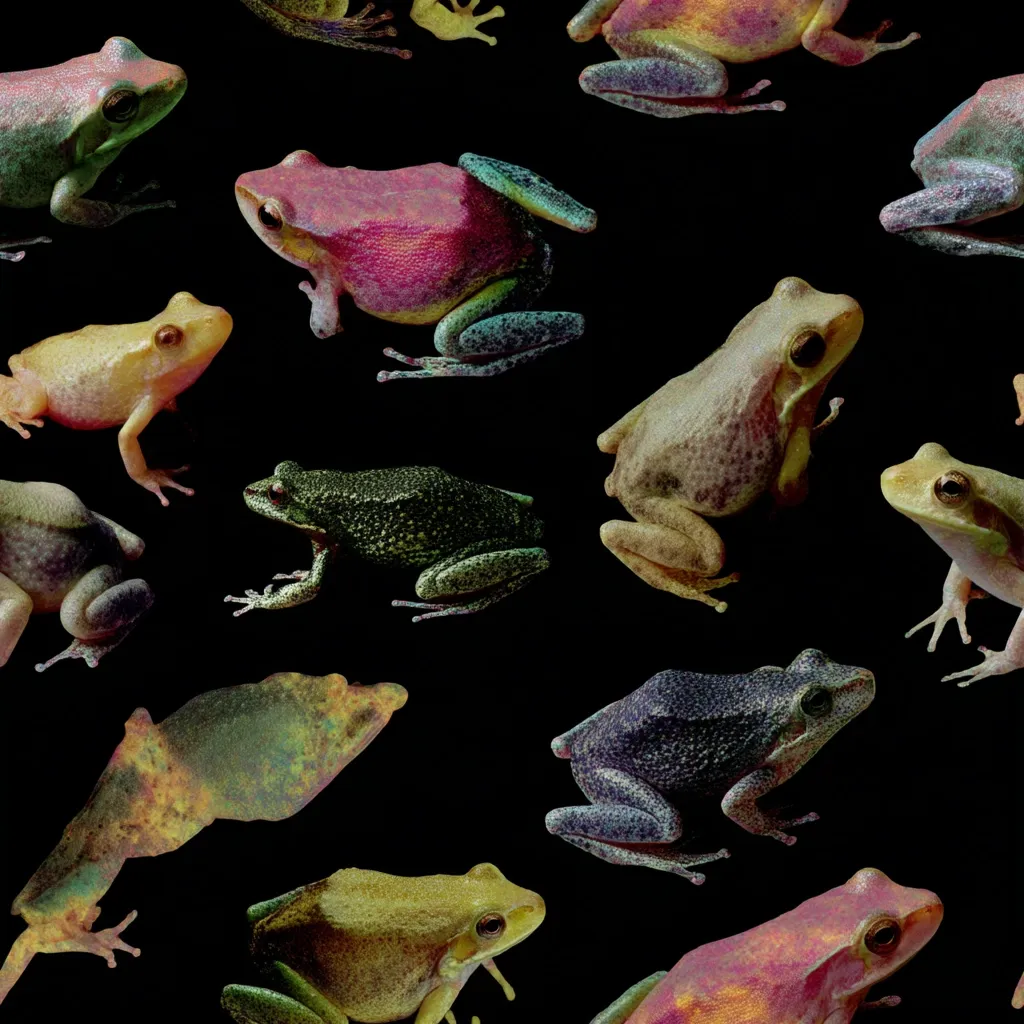 A vibrant collection of frogs, diverse in color and species, are displayed against a stark black background.  The frogs exhibit a spectrum of hues, ranging from deep greens and purples to muted browns and yellows.  Their textures and postures vary, showcasing a variety of frog morphologies. The pattern suggests a repeating design, emphasizing the richness and variety within the amphibian world.