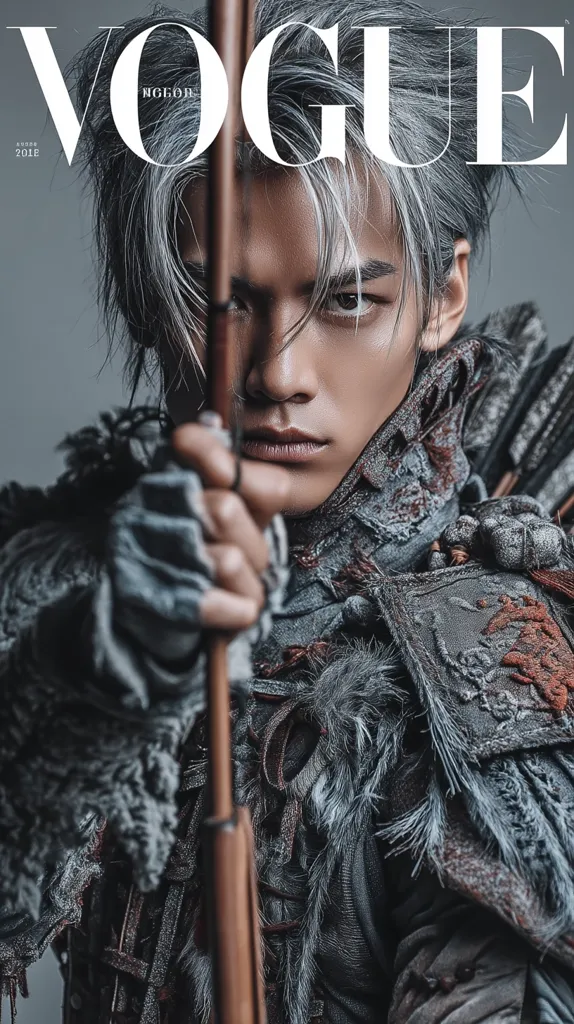 The November 2018 Vogue cover features a male model with long, silver hair.  He's dressed in a rugged, textured gray and brown ensemble reminiscent of ancient warrior attire, holding a long, dark wooden staff or bow. His intense gaze is directed at the viewer, creating a powerful and dramatic image. The overall aesthetic blends fashion with historical and fantasy elements.