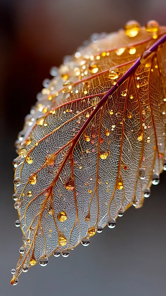 A delicate, translucent leaf, seemingly skeletal in its structure, is adorned with numerous water droplets. The droplets catch and reflect light, appearing golden and shimmering against the leaf's intricate network of veins.  The leaf's reddish-brown central vein contrasts with the lighter, almost ethereal appearance of the leaf itself, creating a stunning visual effect.  The overall image evokes feelings of autumnal beauty and fragility.