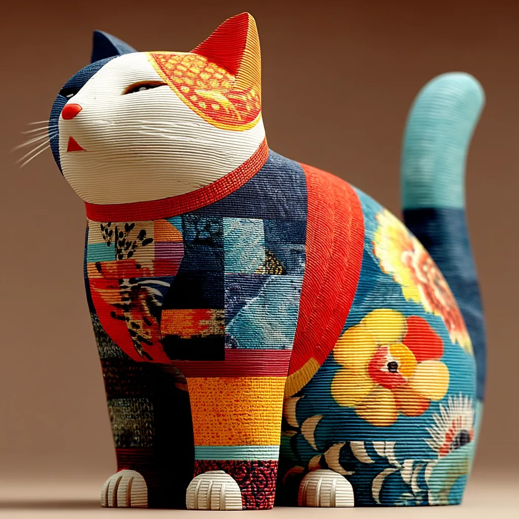 A vibrantly colored cat figurine is depicted, crafted from a textured material resembling layered paper or wood.  Its body is a patchwork of geometric shapes and floral designs in bold hues of red, blue, orange, and white.  The cat's face is predominantly white with black markings, and its tail is a striking teal. The overall style suggests folk art or a handcrafted design.