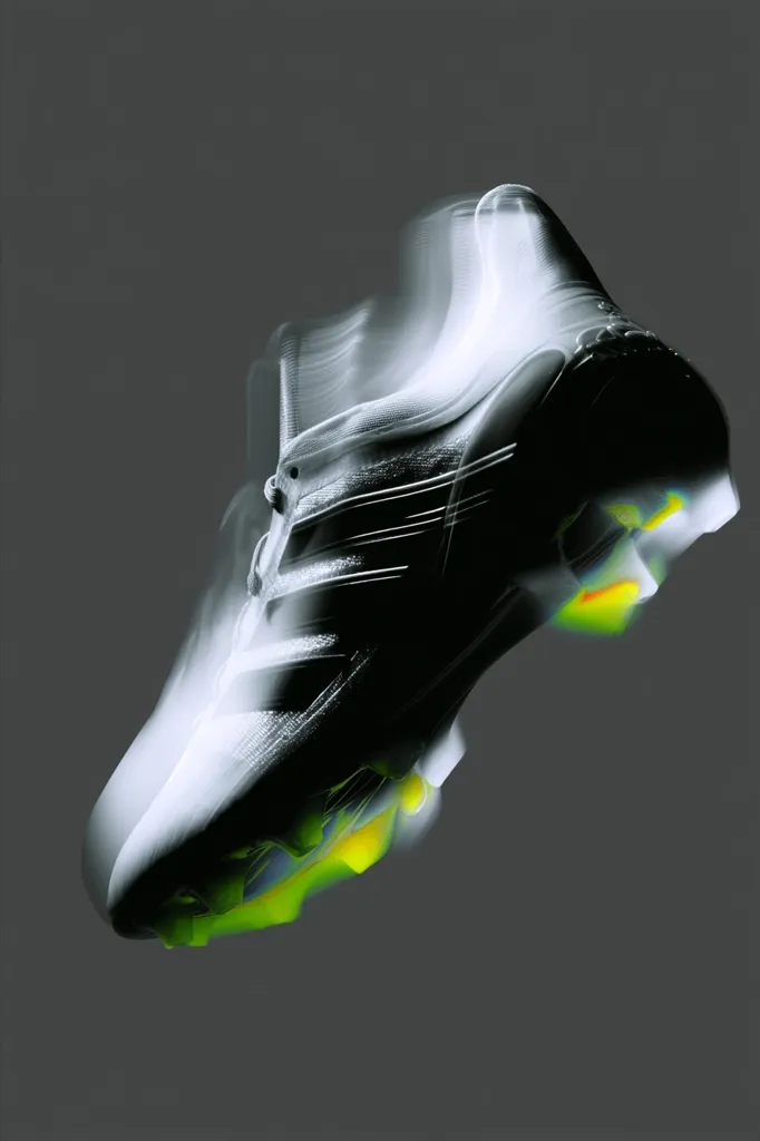 A close-up shot of a soccer cleat in motion, captured with a motion blur effect.  The cleat is predominantly dark, with hints of white and bright green accents on the studs.  The blurred image creates a sense of speed and dynamism, highlighting the athletic nature of the footwear. The background is a muted grey, focusing attention on the cleat itself.