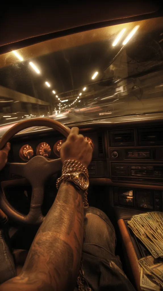 A person with tattooed arms, wearing a large gold watch and chain, drives a classic car at night through a brightly lit tunnel.  Stacks of cash rest on the car's console. The image evokes a sense of wealth and nighttime travel, emphasizing the driver's lavish accessories and the atmospheric lighting of the scene.