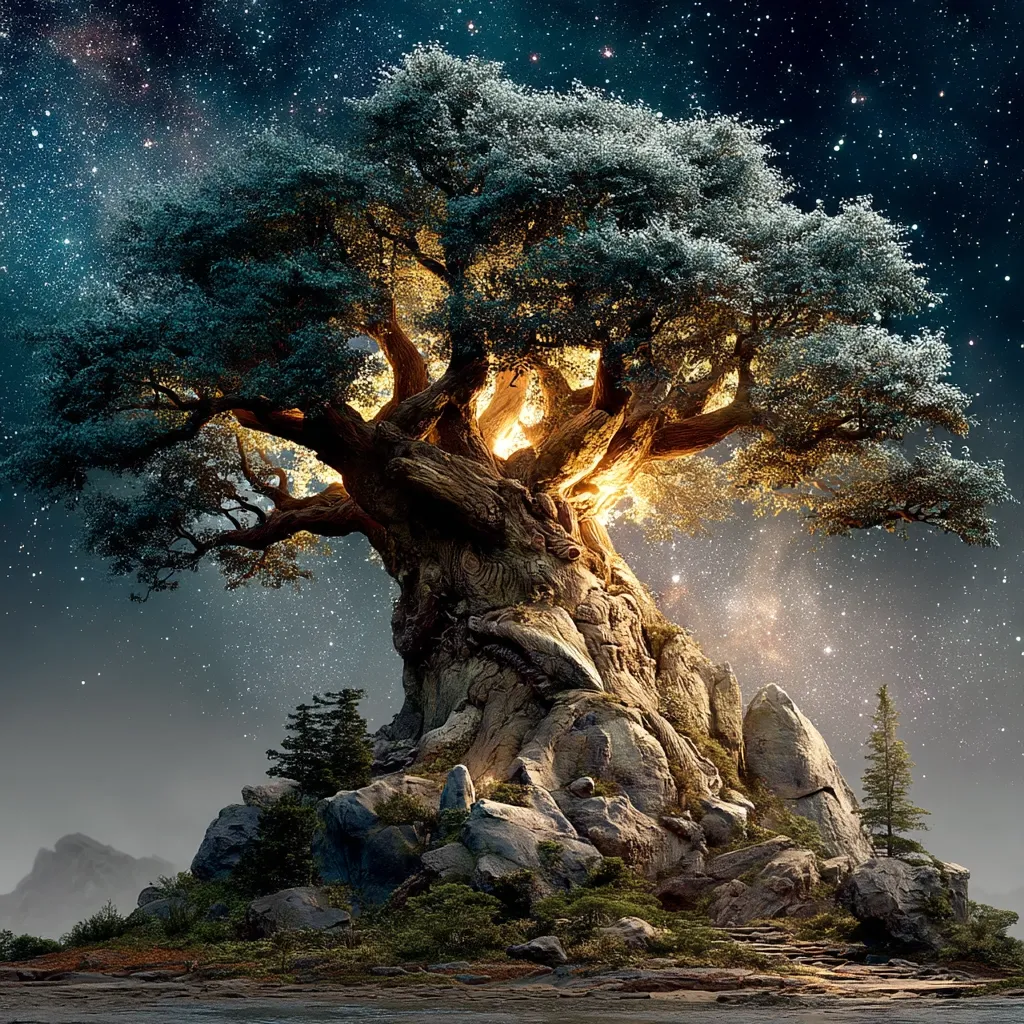 A majestic, ancient tree, glowing from within, stands on a rocky outcrop under a starlit sky.  Its massive trunk and sprawling branches reach towards the cosmos, creating a mystical and ethereal scene.  Smaller trees and shrubs cling to the rocks around its base. The image evokes a sense of wonder and timeless beauty, suggesting a powerful, sacred place.